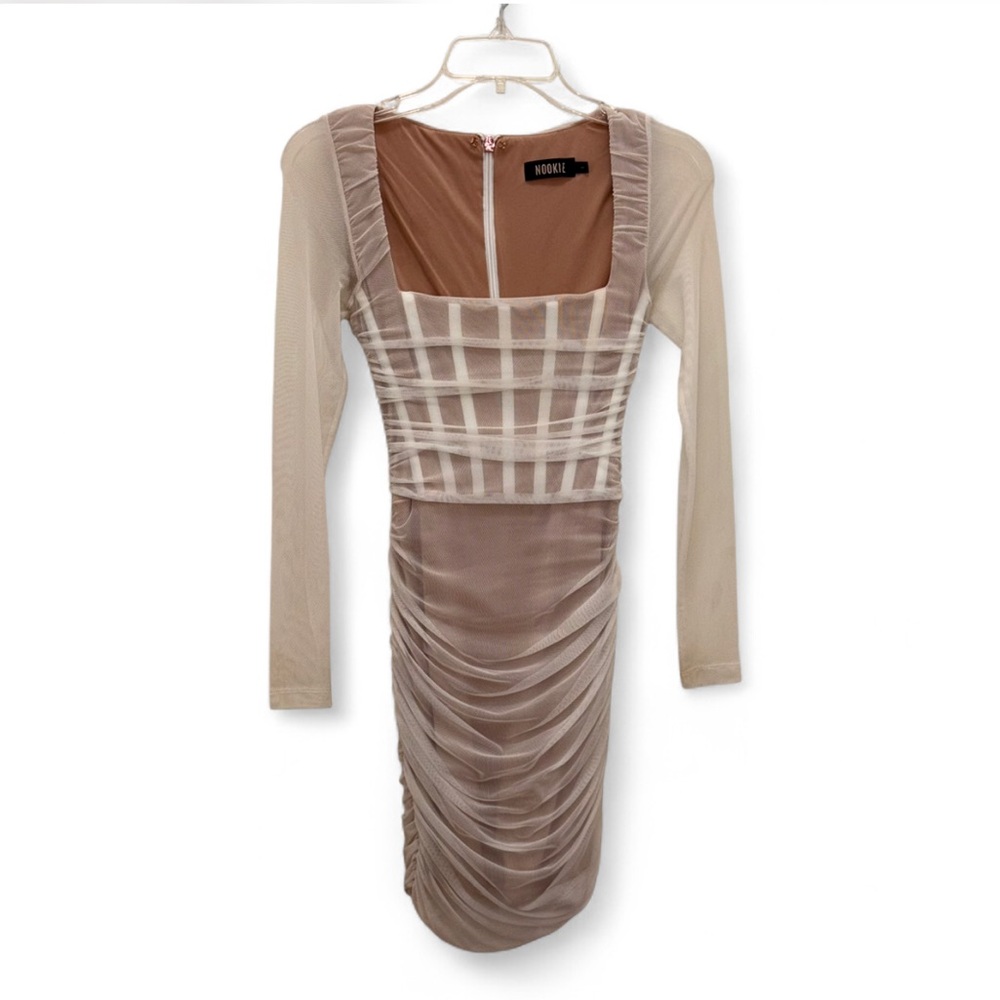 NOOKIE $359 Nude/White Vision Mesh Rushed Corset Body-con Mini Dress Size Small